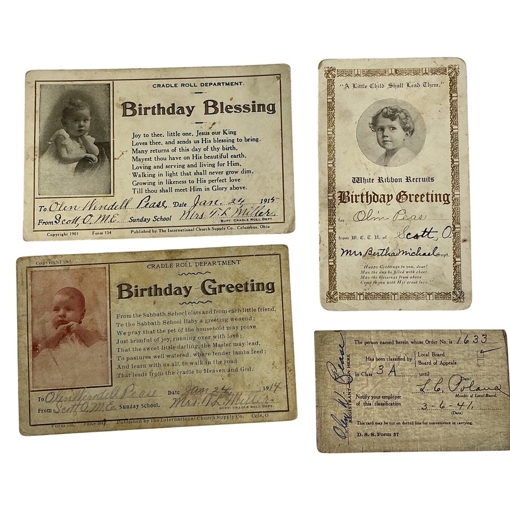 Vintage Cradle Roll Birthday Cards Selective Service Card‎ Olen Wendell Pease